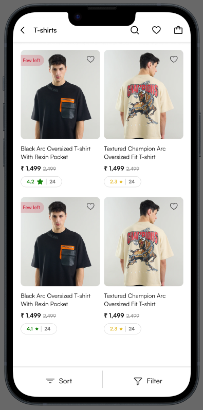 Overlays clothing store: T-shirt listing with prices and ratings